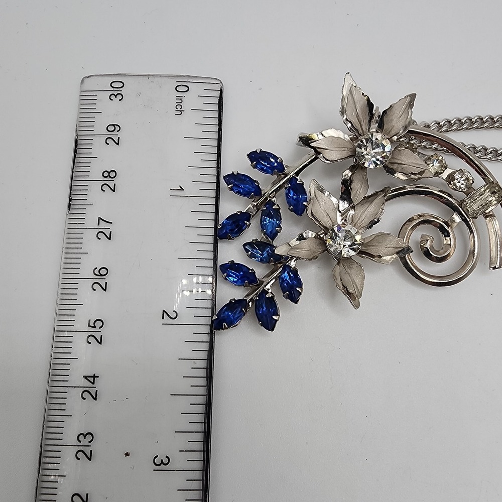 Cobalt Blue Rhinestone Floral Spray Silver Tone Pendant Brooch Retro Statement - Picture 14 of 16